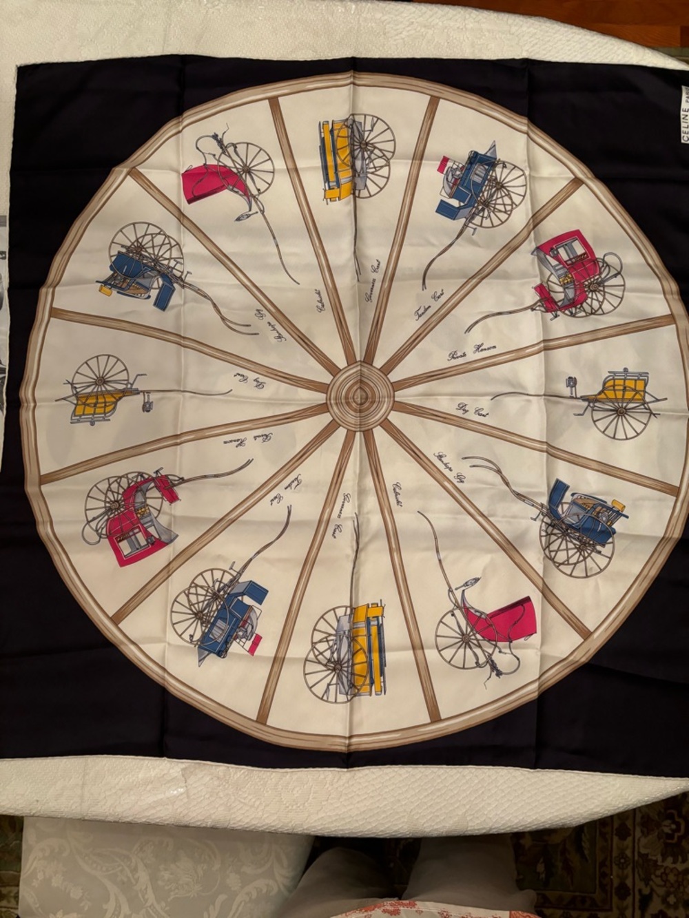 Vintage Celine Silk Carousel Print Scarf in Black, Cream, 36 inches square